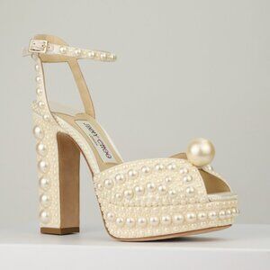 Jimmy Choo Sacaria 120 Pearl-Embellished Platform Heels, White, EU 36